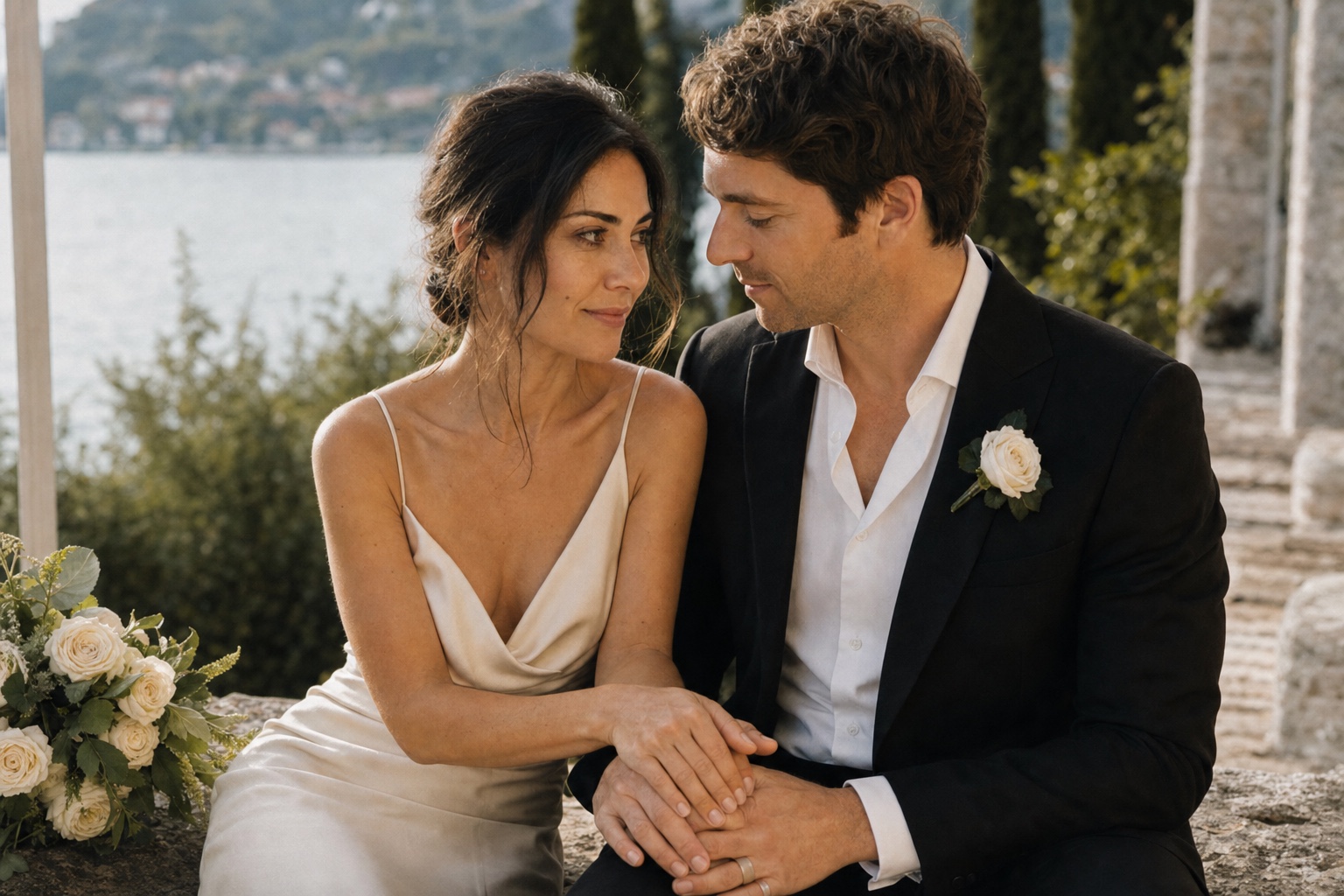 Elena and James talking quietly on a villa terrace, a garden-rose bouquet between them.