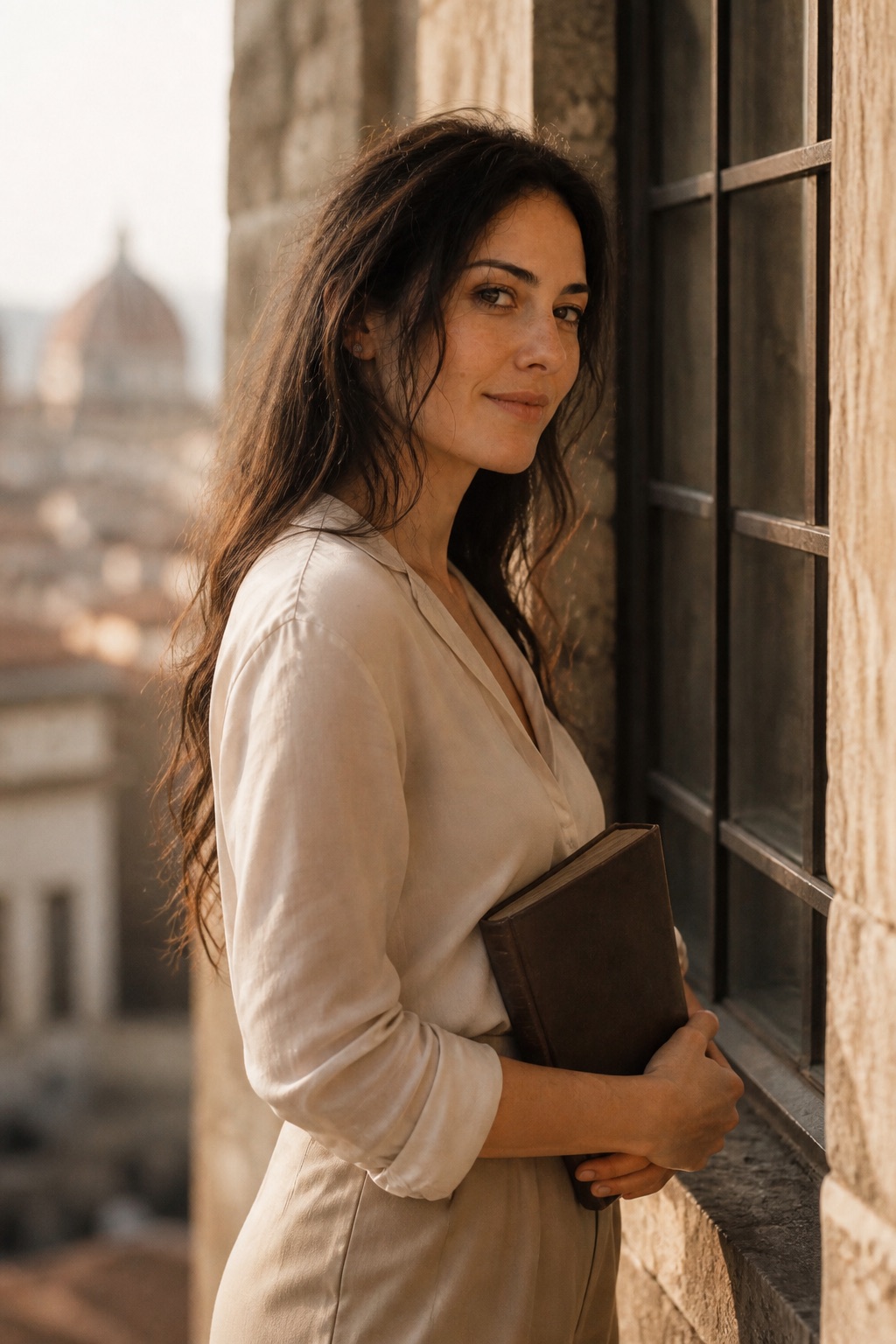 Elena as a young woman in Florence, standing at a window with a closed book.