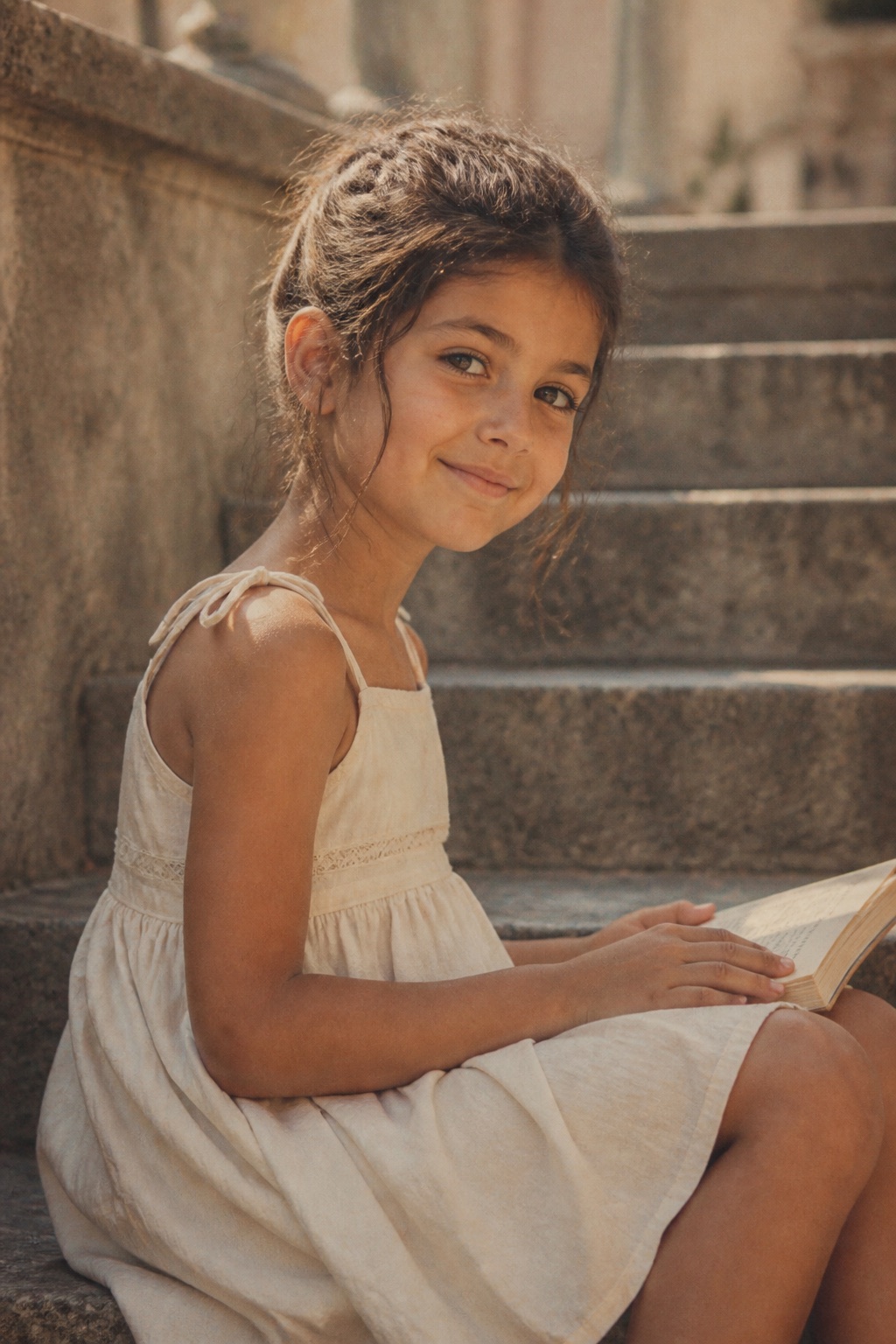 Elena at about seven, sitting on stone steps with a book in her lap.