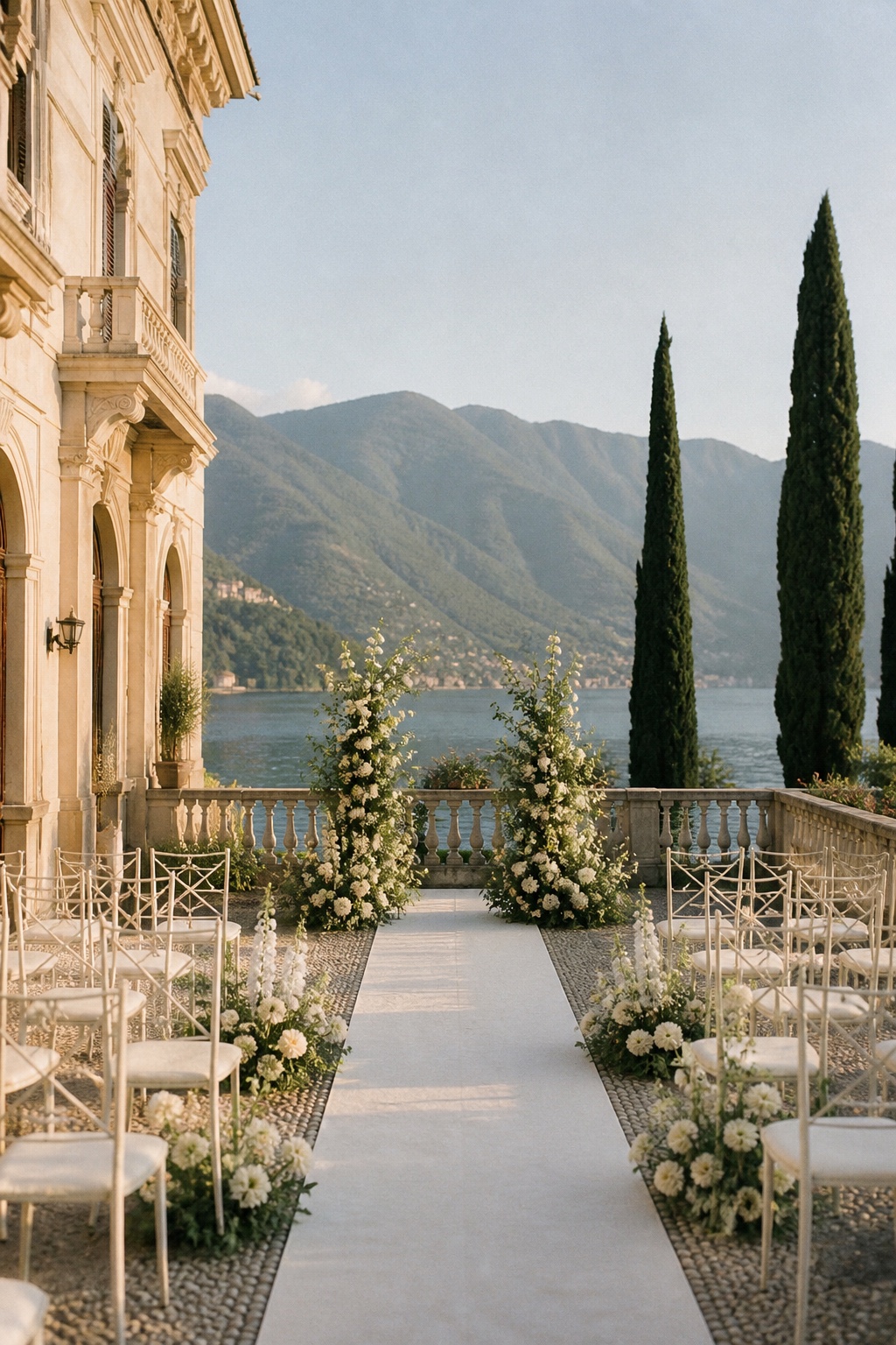 The ceremony aisle at Villa del Balbianello before guests arrived.