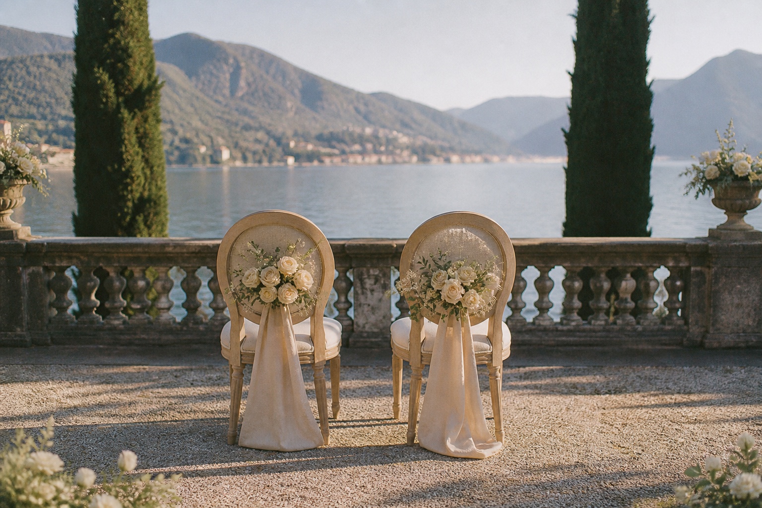 Rows of ceremony chairs arranged on the terrace overlooking Lake Como.