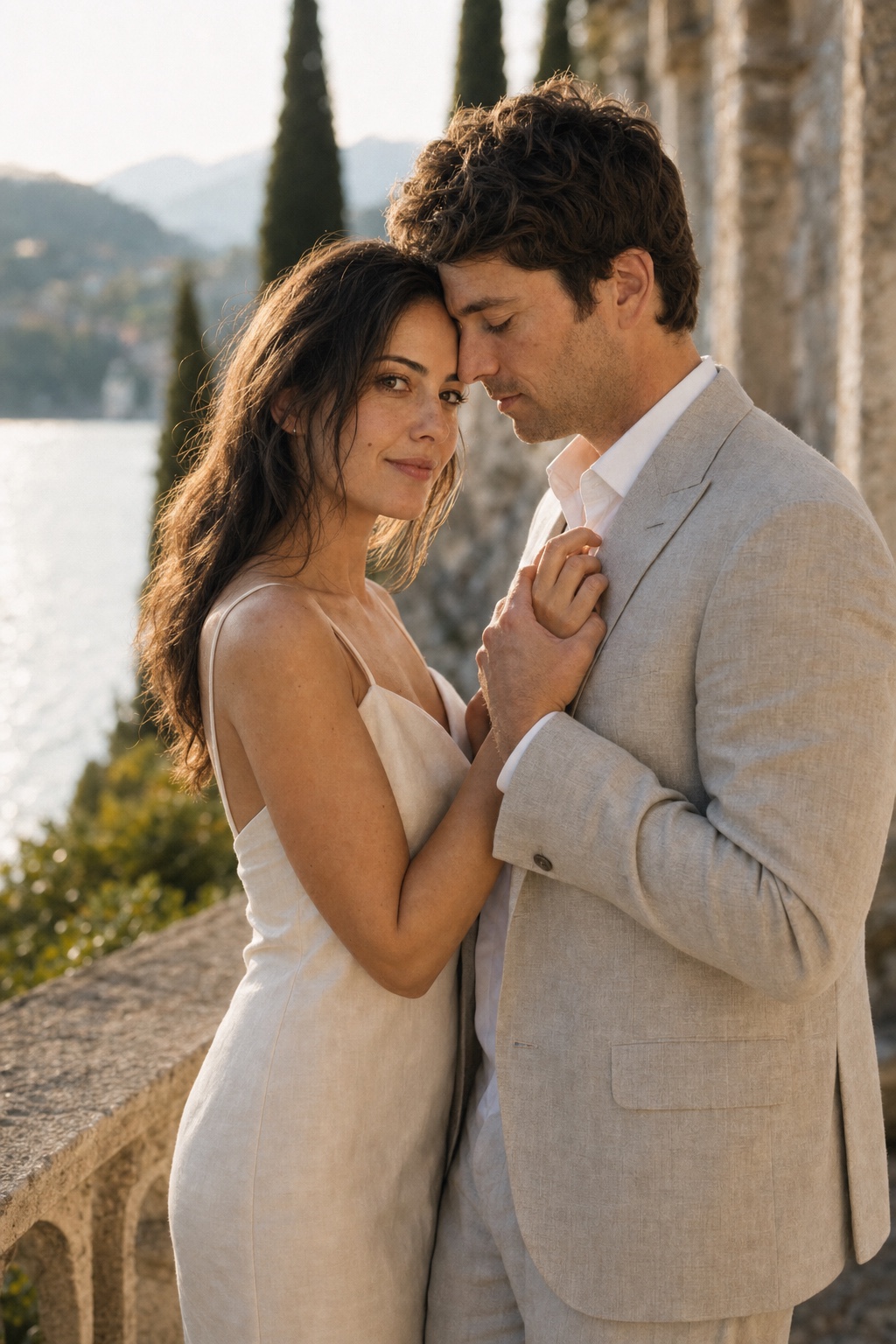 Elena and James in an engagement portrait among cypress at Lake Como.