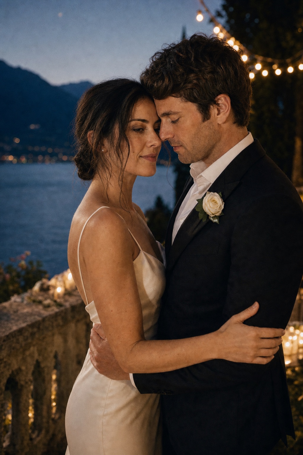 Elena and James during their first dance on the terrace at dusk.