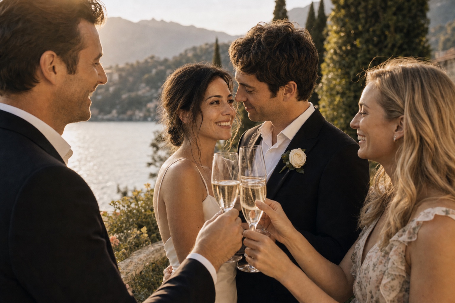 Elena, James, and friends raising glasses on the terrace.