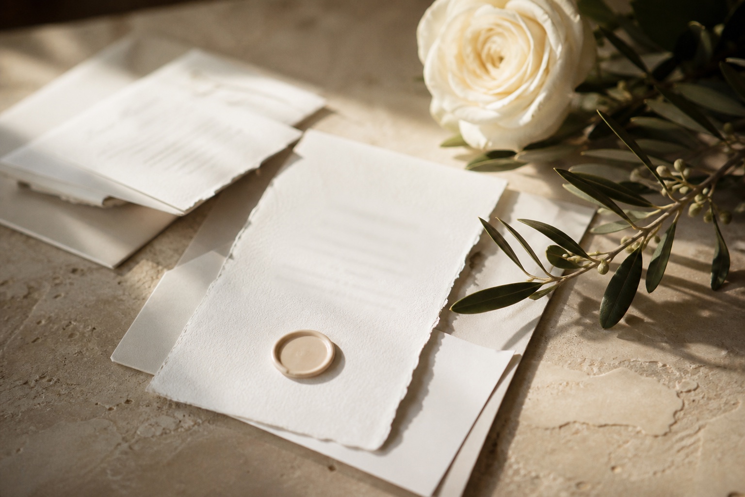 An ivory invitation suite with a cream rose on stone.