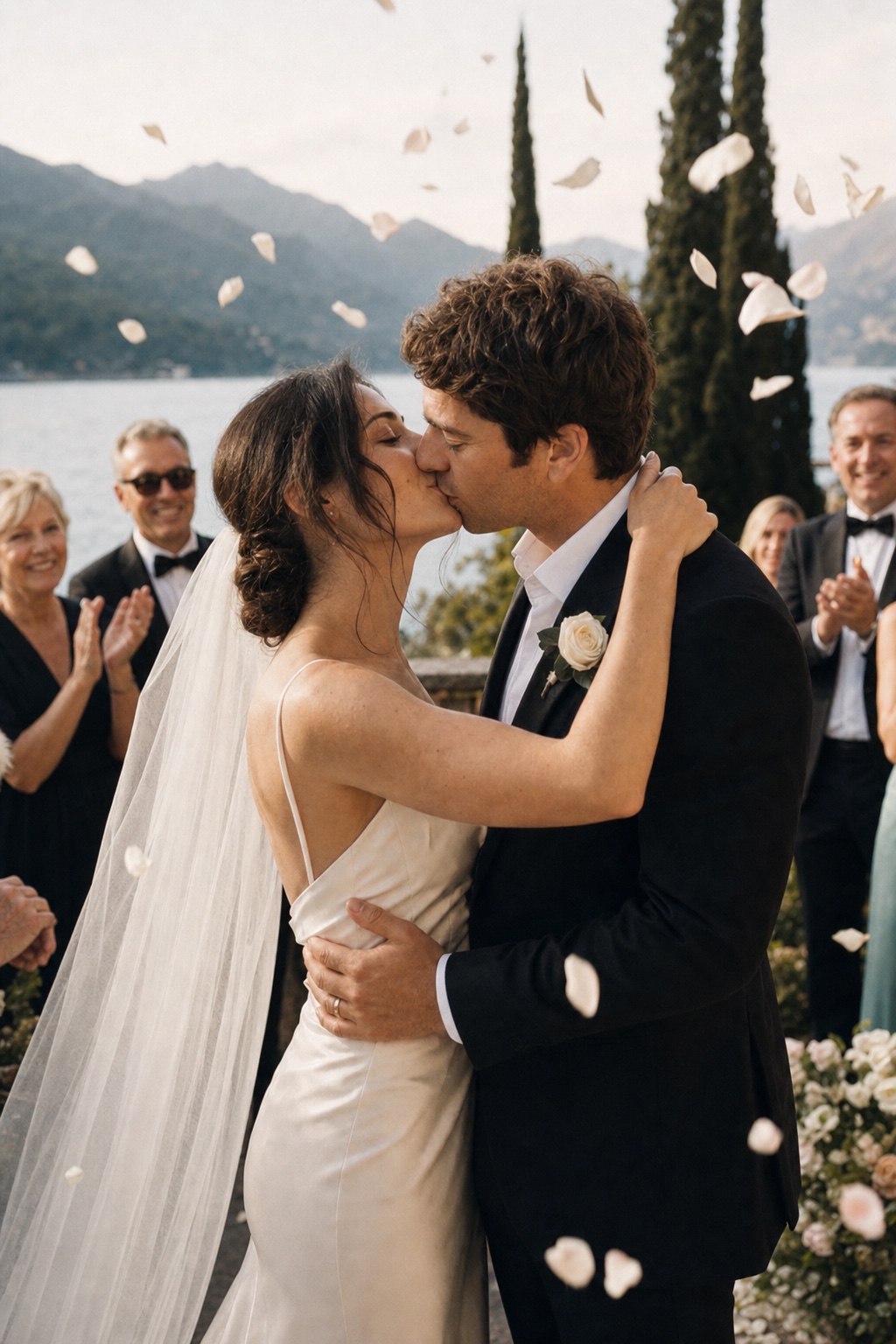 Elena and James kissing as petals fall on the terrace.