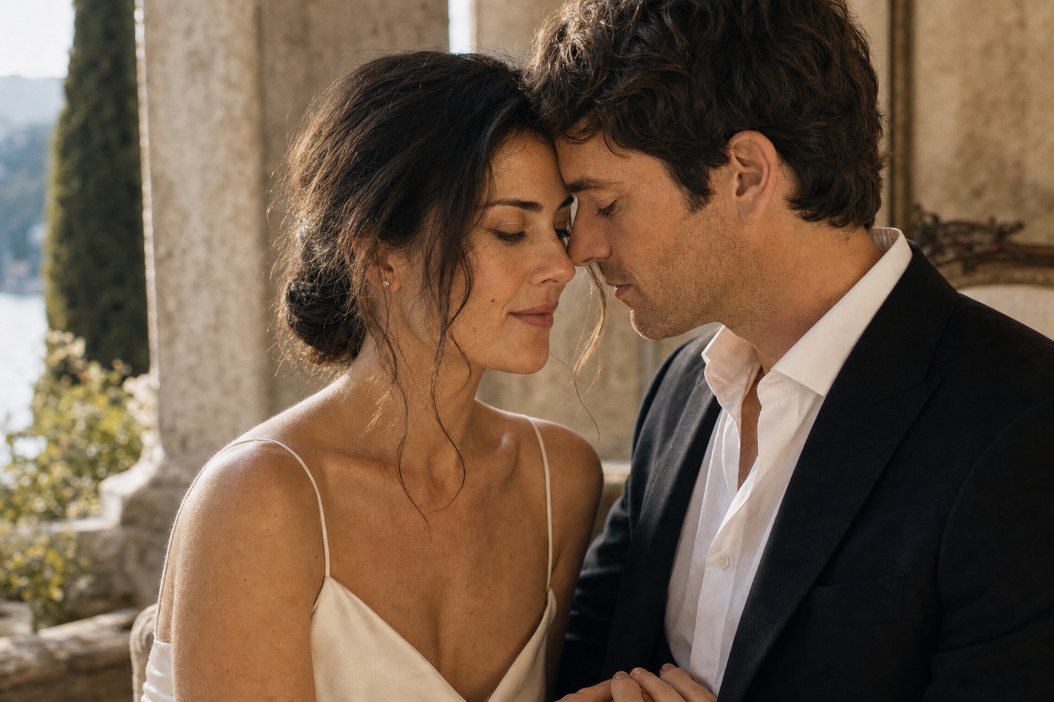 Elena and James forehead to forehead in a quiet indoor portrait.