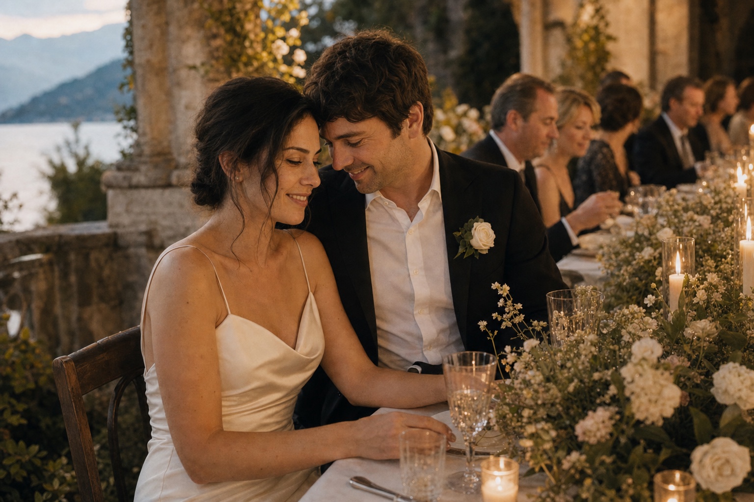 Elena and James at the reception table with guests in the last of the light.