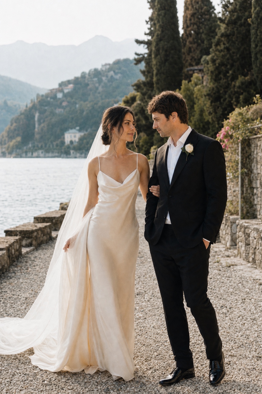 Elena and James walking beside Lake Como, her veil trailing behind them.