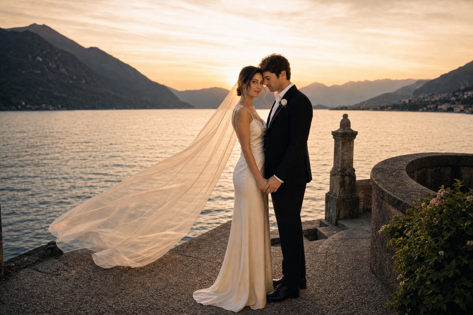 Elena and James at sunset on a Lake Como terrace, the mountains behind them.