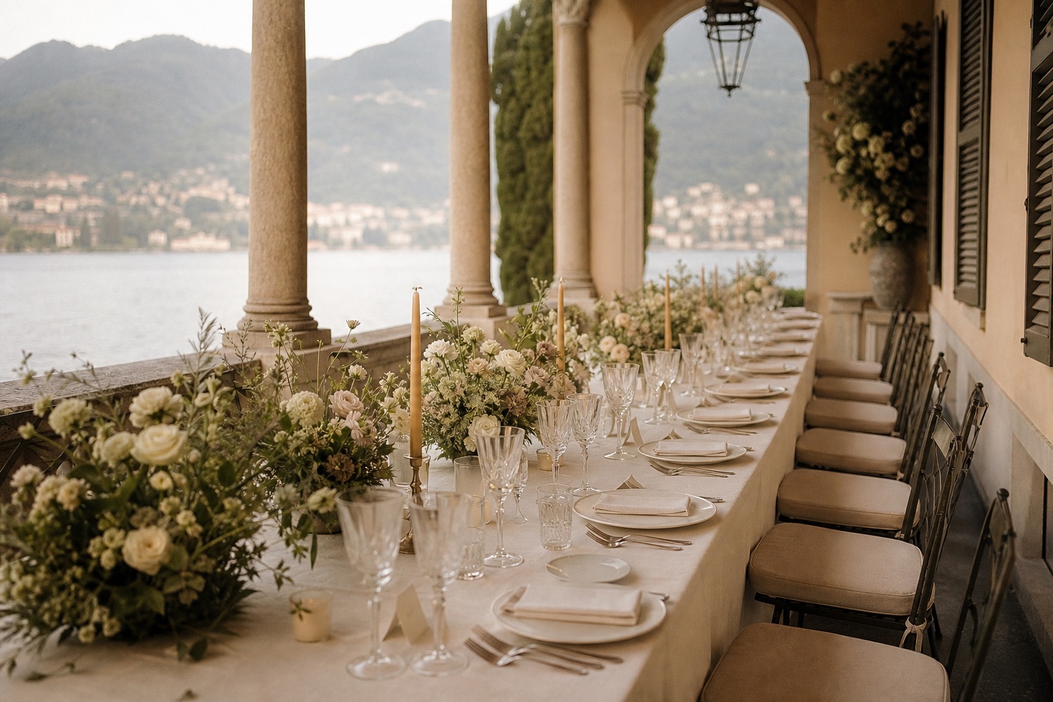 A long reception table set with wildflowers, candles, and ivory linen.