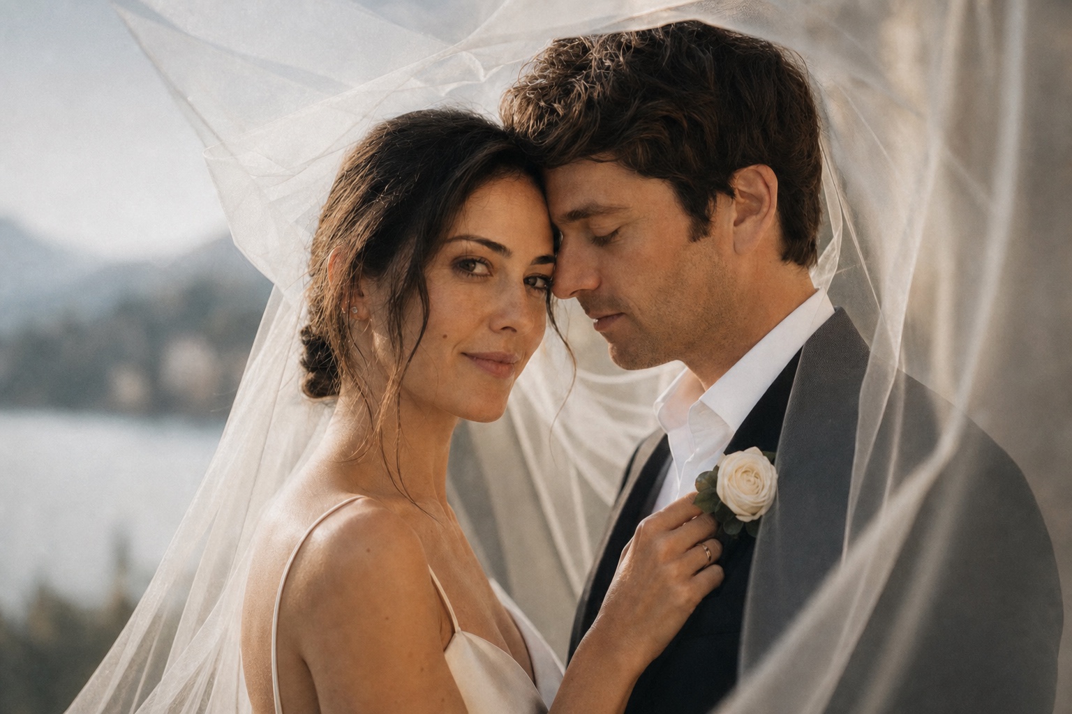 Elena and James held close, her veil caught in the wind.