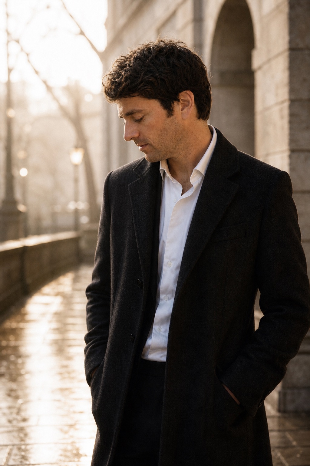 James as a young man in London, standing on a pale stone street in a charcoal coat.