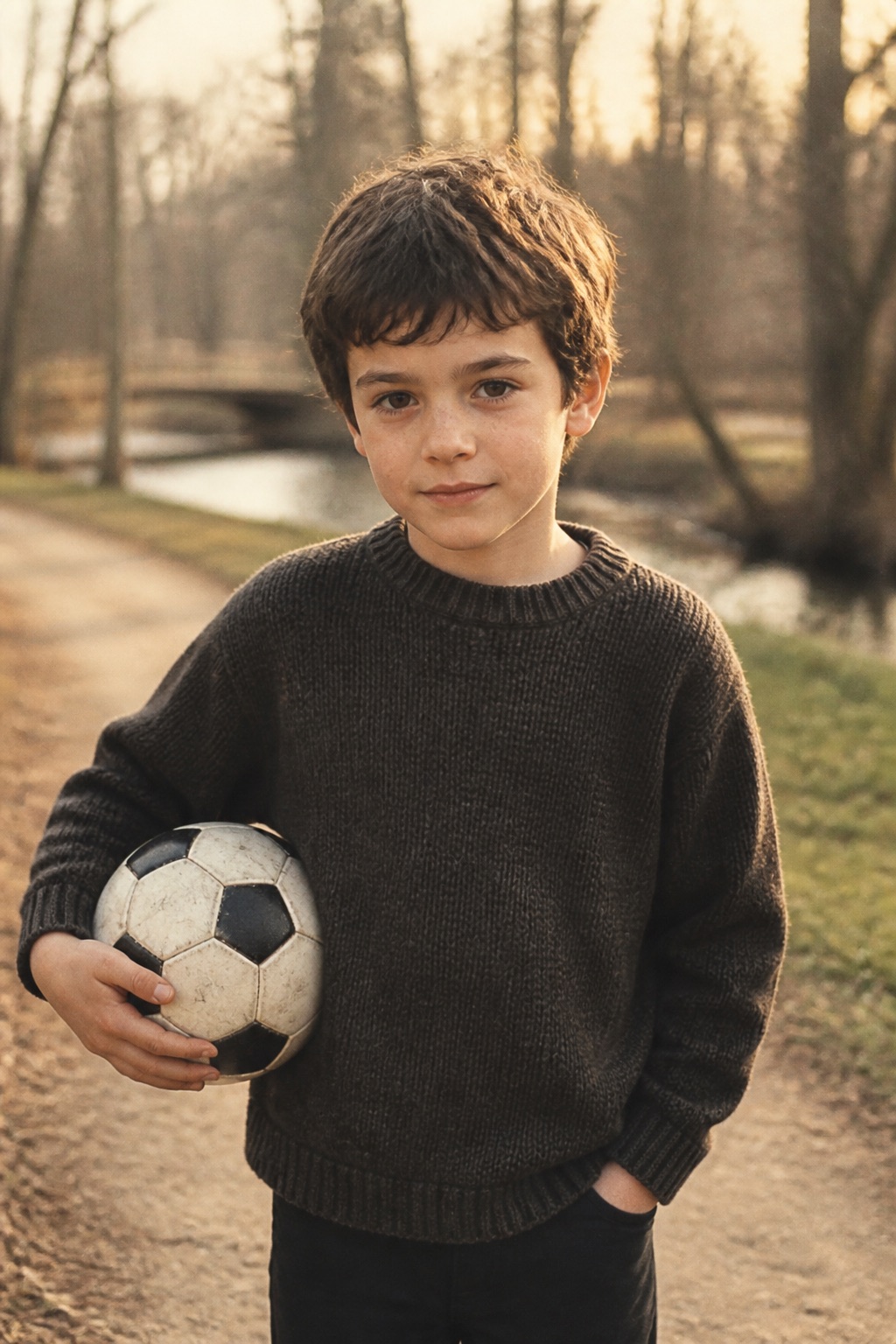 James at about eight, walking a park path with a football under his arm.