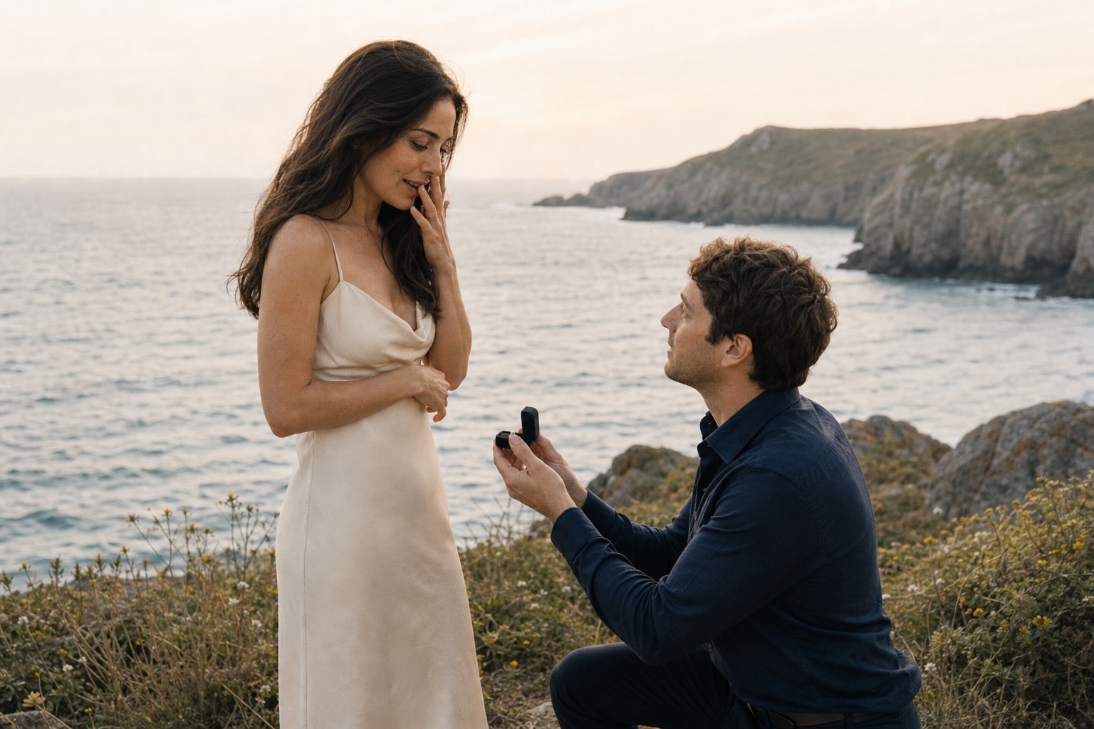 James on one knee proposing to Elena on a coastal cliff above the sea.