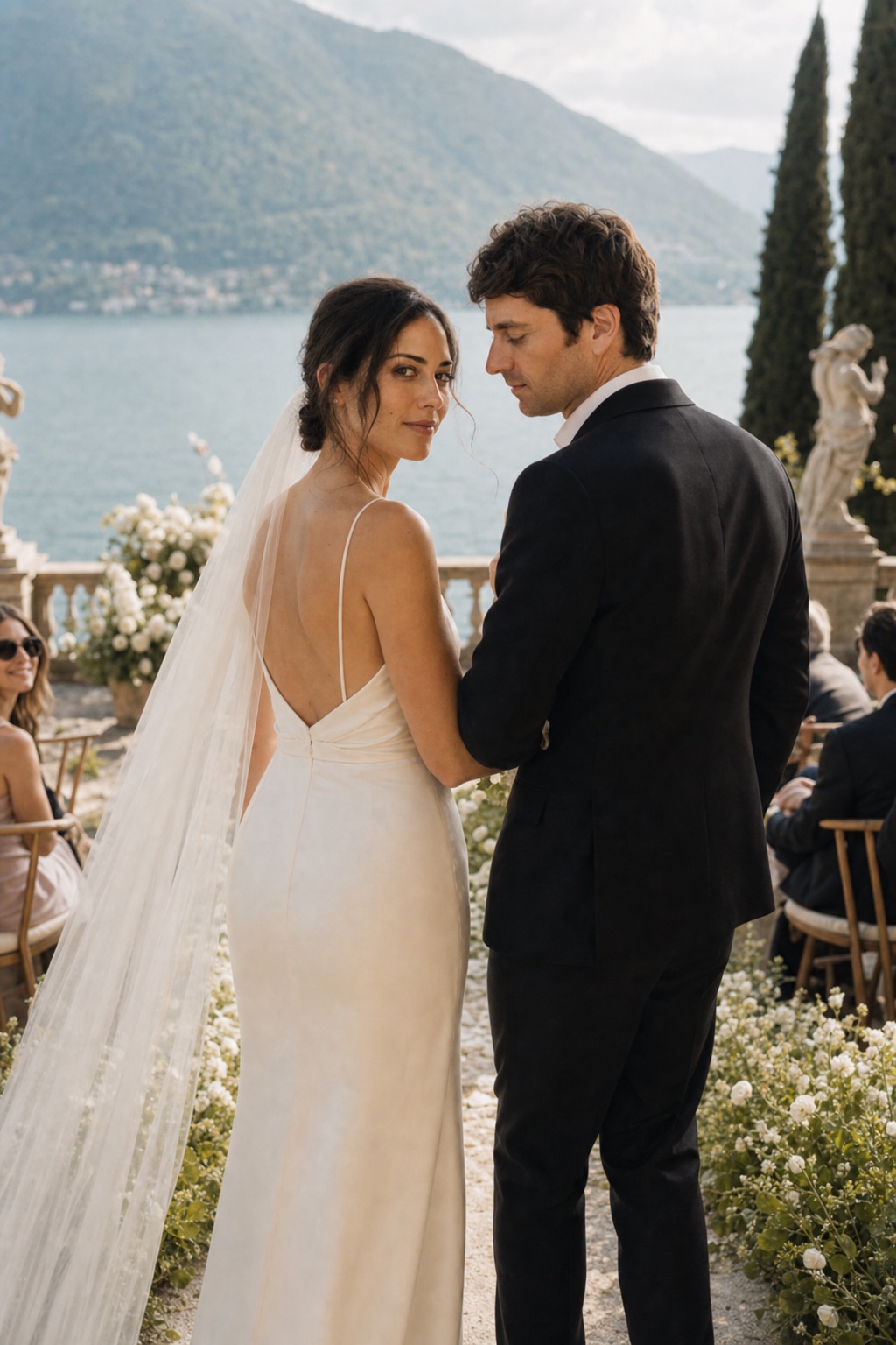 Elena and James walking the linen aisle toward the lake at Villa del Balbianello.