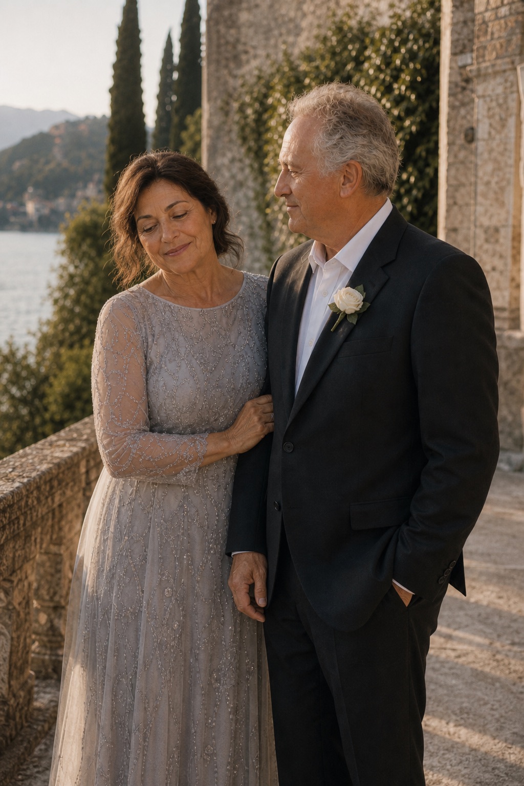 Elena’s parents standing close on the villa terrace at golden hour.