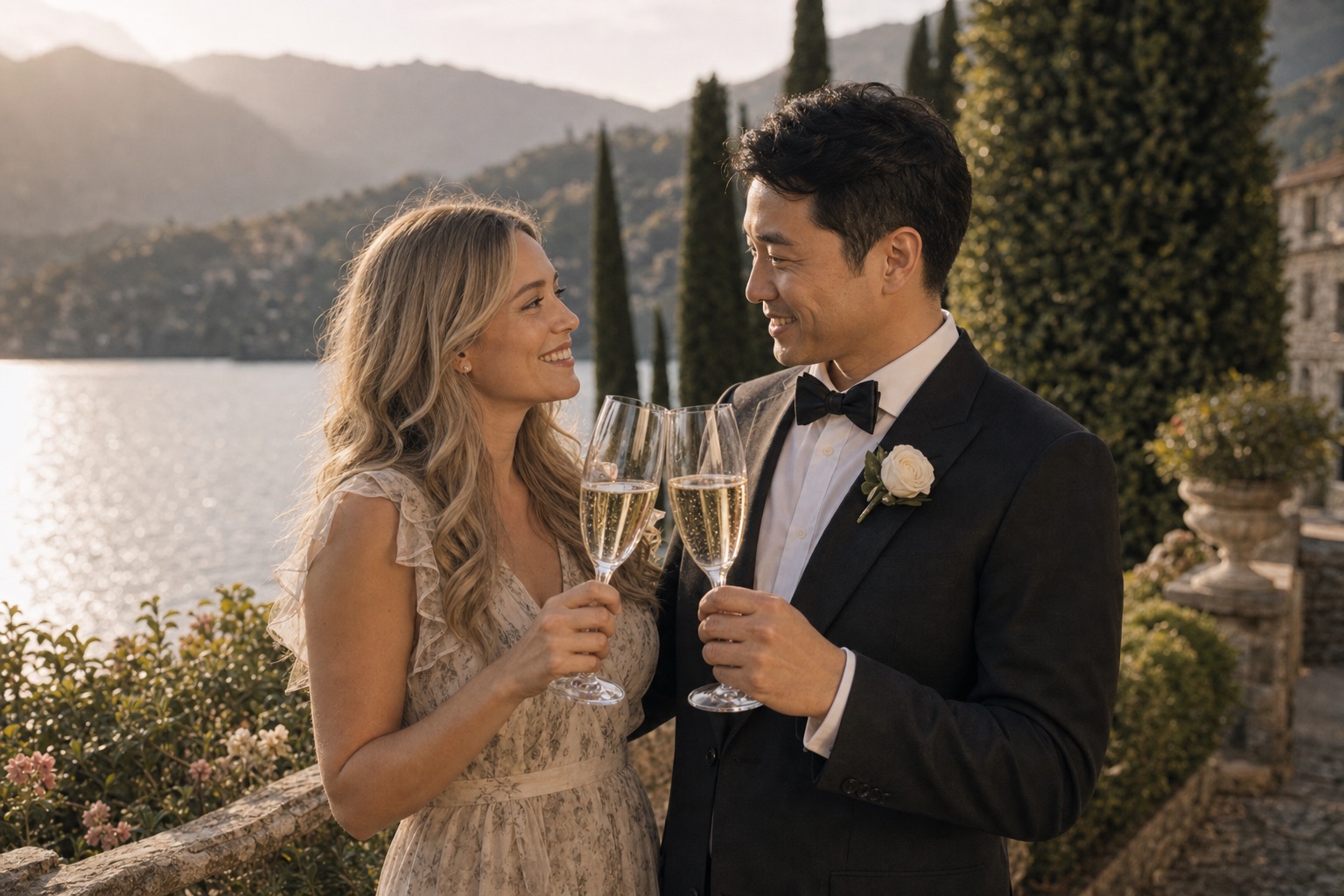 Sophie and David toasting champagne on the terrace above the lake.