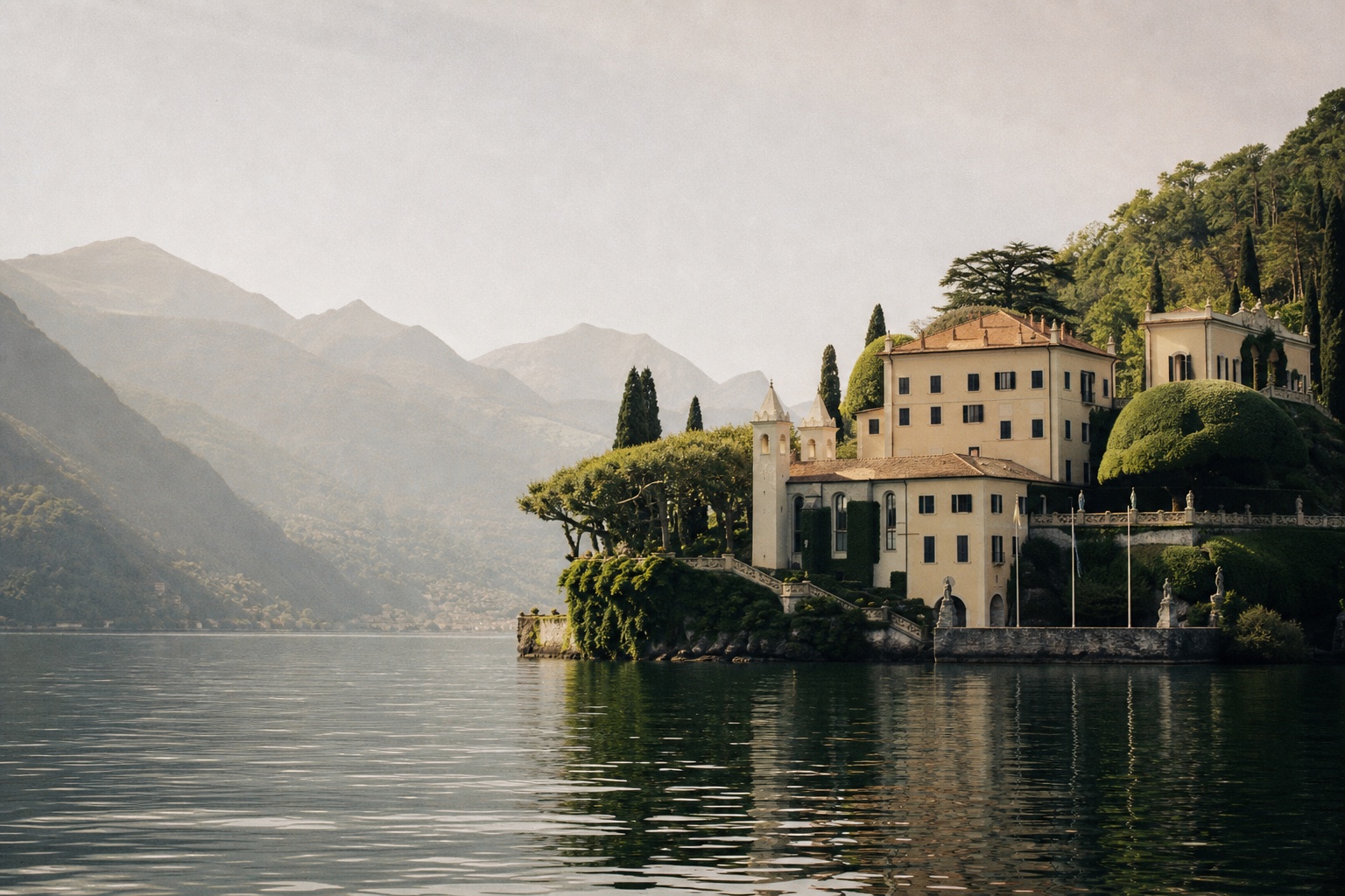 The villa across still water, its façade held in the trees.